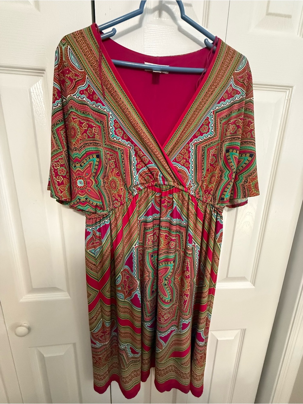 dressbarn Pink, Green and Gold Patterned V-Neck Midi Dress
